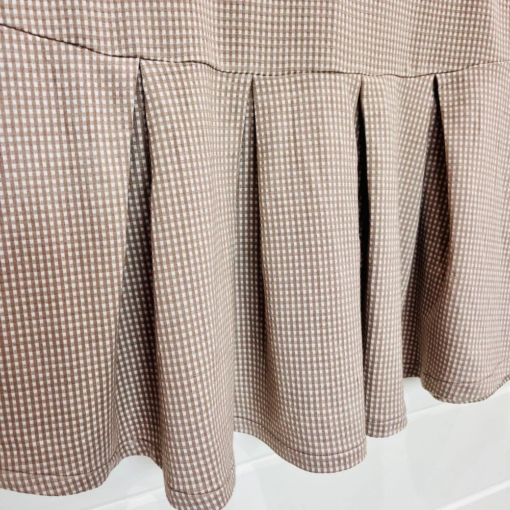 Urban Romantics Pleated Mini Skirt Womens L Tan Gingham Drop Waist Preppy Skater - Picture 2 of 9